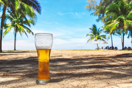 Misted glass of cold beer on the sand at the background of green palm trees, blue sky and sea coast. Tropical island. Heavenly delight.の写真素材
