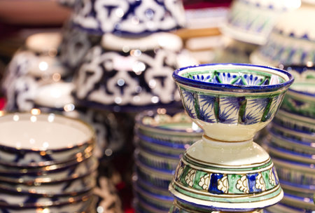 Handmade traditional national uzbek kyrgyz or kazakh ceramics crockery (piala, tea bowls, ware,...