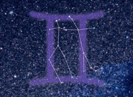 Gemini (The Twins) Zodiac constellation. Gemini sign corresponds to period from 21 May to 21 June.  Picture of star sky area look as at the real night sky with stars whose brightness, colors and positions correspond to real stars (real Milky Way pattern iの写真素材