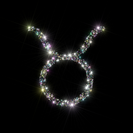 Abstract backdrop astronomy / astrology illustration representing zodiac sign / symbol for Taurus constellation made of twinkling sparkling variegated / varicolored stars isolated on black background.の写真素材