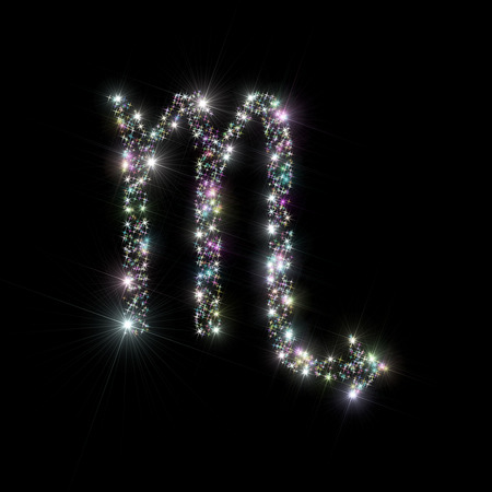 Abstract backdrop astronomy / astrology illustration representing zodiac sign / symbol for Scorpio constellation made of twinkling sparkling variegated / varicolored stars isolated on black background.の写真素材