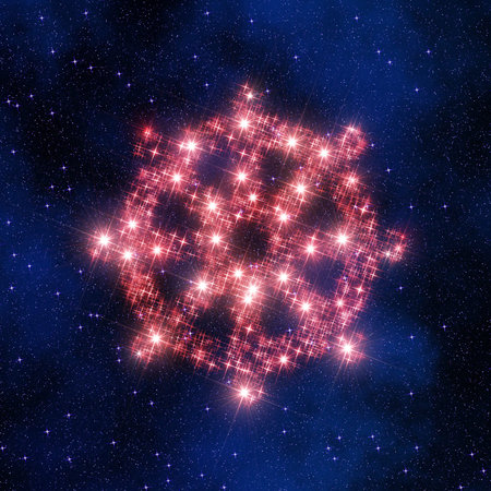 Illustration representing an abstract backgound with Buddhism symbol made of twinkled sparkling...