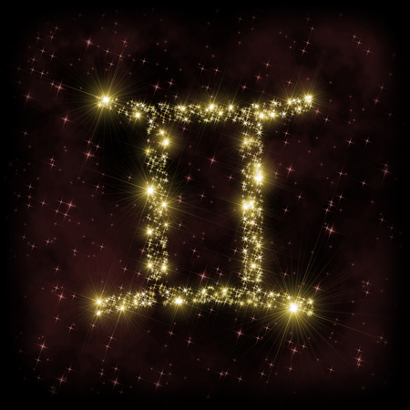 Gemini Zodiak sign - astronomy or astrology illustration in which symbol corresponding to constellation is made of twinkling sparkling yellow (golden) stars on dark purple starry background with nebula. All is surrounded by dark border (frame, vignette).の写真素材