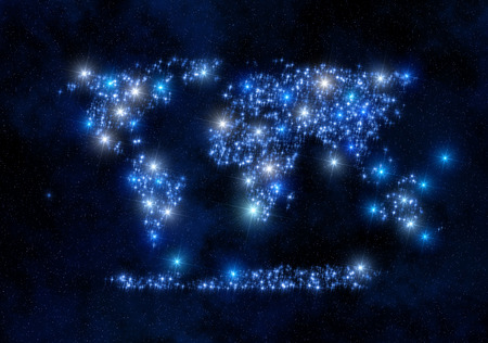 Abstract decorative backdrop geography illustration representing the World  map showing all the continents and made of blue sparkling twinkling blue stars with space  filled by stars and nebula as a background. Can be used as illustration or wallpaper.の写真素材