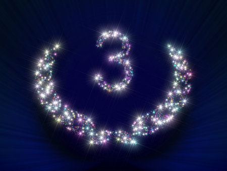 Abstract background illustration representing a greeting gift card dedicated to 3 anniversary jubilee with figures and laurel wreath made of twinkling sparking variegated stars.の写真素材