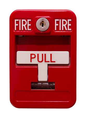Red fire alarm post isolated on the white background with a lever (handle) to pullの写真素材