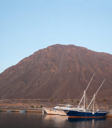 Boats and yachts are in the harbor. Taba, Egypt