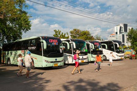 Pattaya, Thailand - December 01, 2018: Parking of tourist buses.のeditorial素材