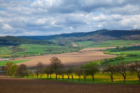 Panorama of different fields strips from above in Slovakiaの写真素材