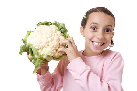 Young girl holding a cauliflower isolated on whiteの写真素材