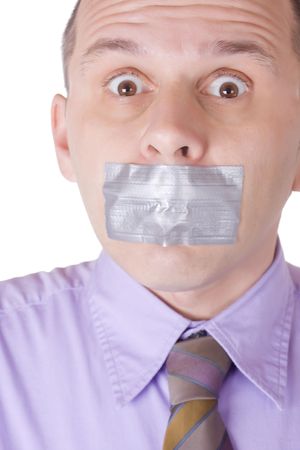 Man with taped mouth isolated on white bacokroundの写真素材