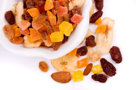 Dried fruit, healthy snack isolated on white backgroundの写真素材