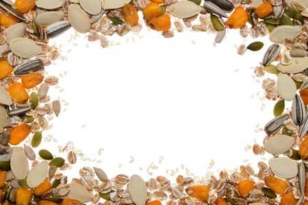 Grain, seed and cereals background vignete with white copyspaceの写真素材