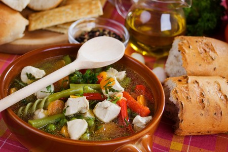 Traditional homemade chicken meat and vegetable soupの写真素材