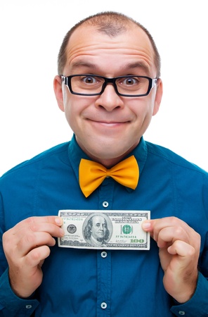 Happy man holding one hundred dollars isolated on whiteの写真素材