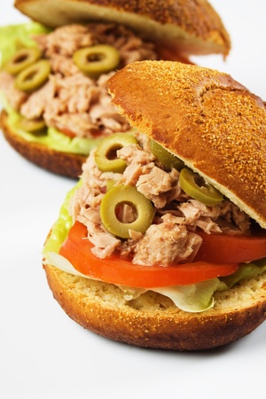 Tuna sandwich with lettuce,tomato and green olivesの写真素材