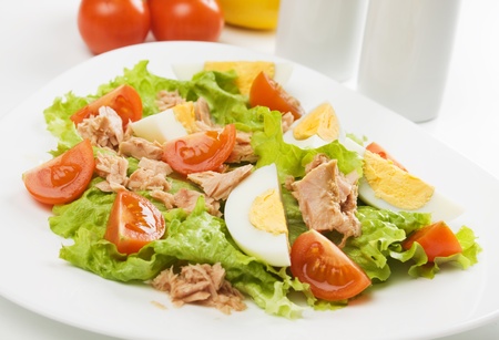 Egg and tuna salad with cherry tomato and lettuceの写真素材