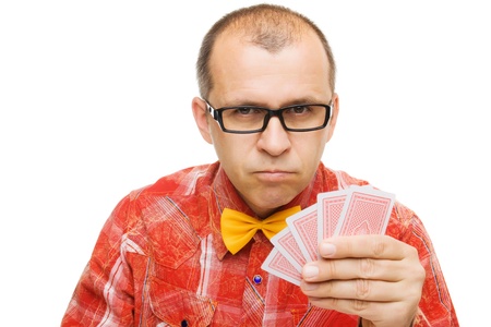 Gambler holding playing cards isolated on white backgroundのeditorial素材