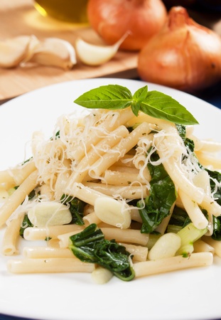 Italian macaroni pasta with chad or silverbeet and grated cheeseの写真素材
