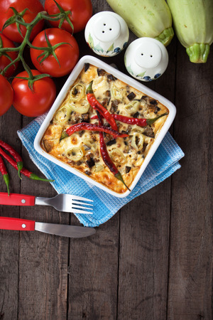Moussaka dish with aubergine and chili pepper, traditional greek foodの写真素材