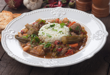 Pork, okra and vegetable gumbo, classic cajun cuisineの写真素材