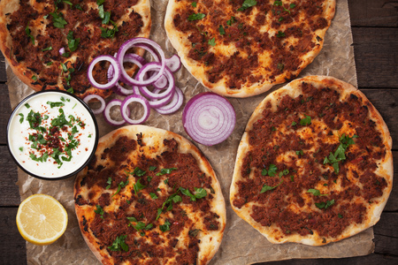 Lahmacun, turkish meat and pastry street food similar to pizzaの写真素材