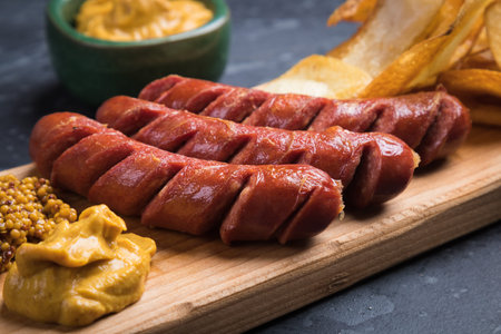 Grilled german sausaged with mustard and frued tomato chips