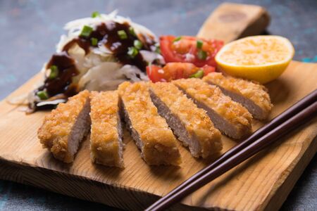 Japanese tonkatsu steak, breaded and fried pork cutlet served with shredded cabbageの写真素材