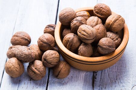 Whole walnut shells or kernels, healthy food ingredientの写真素材
