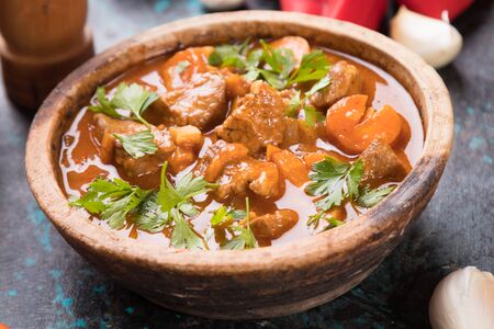 Hungarian goulash, pork or beef stew served in round bowlの写真素材