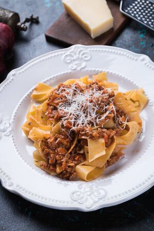 Ragu bolognese, italian ground beef sauce with fettuccine or pappardelle pastaの写真素材