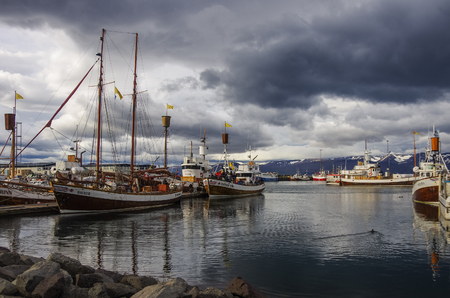 HUSAVIK, ICELAND - august 25, 2014: Husavik is a town on the north coast of Iceland on the shores of Skjalfandi bay. The town is a center of whale watching in Icelandのeditorial素材