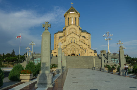 Tsminda Sameba Church (The Holy Trinity Cathedral of Tbilisi) at evening, located in Tbilisi,...