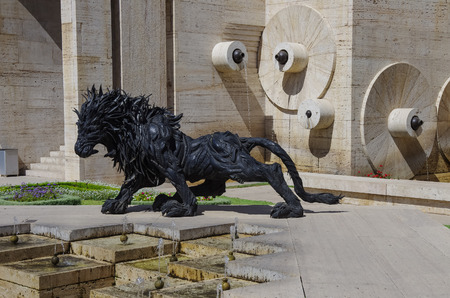 Yerevan, Armenia, September 14, 2013. Armenian scene: Urban sculpture in Yerevan, the lion from tires in the center of Yerevanのeditorial素材