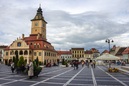 Brasov, Transylvania, Romania- April 29, 2015: Brasov Council Square is historical center of city.