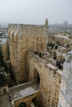 Gates in Jerusalem citadel and Tower of David  in sandstorm. Jerusalem, Israelのeditorial素材