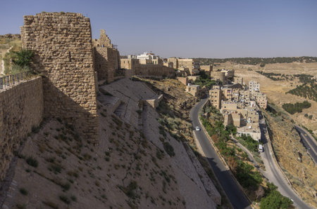 Walls of the Kerak Castle, a large crusader castle in Kerak (Al Karak) in Jordanのeditorial素材