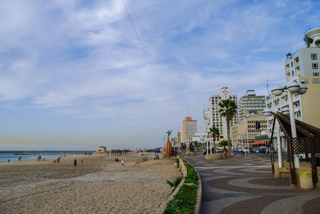 Tel-Aviv, Israel- December 9, 2010: View of city beach and embankment in evening in the city of Tel- Avivのeditorial素材
