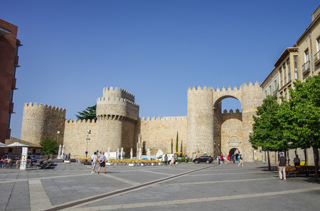 Avila, Spain - August 23, 2012: Gate Puerta del  Alcazar of the medieval walls of Avila. View from Plaza Santa Teresa de Jesus. Castilla y Leon, Spain, Europeのeditorial素材