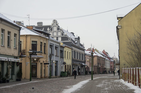 Kaunas, Lithuania - January 3, 2016: Street view of Kaunas old city and houses at  pedestrian Vilniaus street.のeditorial素材