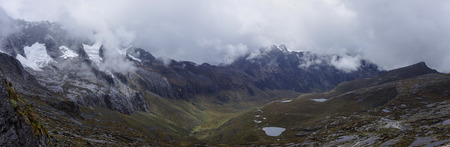 Mountain valley panorama, view from Punta Union pass. Huascaran National Park, Cordillera Blanca - Santa Cruz Circuit Trekking. Peruの写真素材