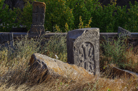The old headstone in an abandoned Vorotnavank monastery in the mountains  Syunik region, Armeniaの写真素材
