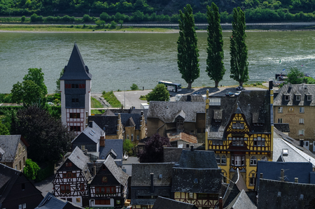 Medieval village Bacharach. City panorama from hill, covered by vineyard. Rhine valley, Germany.のeditorial素材