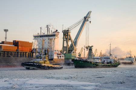 St. Petersburg, Russia - February 20, 2011: Ships and cranes in cargo port of St. Petersburg in...