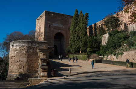 View of the Gate of Justice (Puerta de la Justicia), the most impressive gate to Alhambra complex, Granada, Spainの写真素材