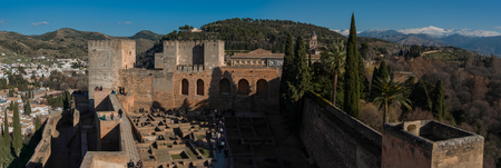 Granada, Spain - January 6, 2017: View of courtyard, walls and tower of Alcazaba, citadel of Alhambra, Nasrid Emirate fortress, European travel landmark in Andalusia.のeditorial素材