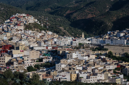 Panorama view over the holy city of Moulay Idriss Zerhoun including the tomb and Zawiya of Moulay Idriss, Middle Atlas, Morocco, North Africaのeditorial素材
