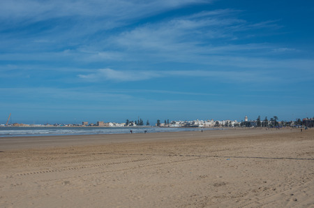 View to Essaouira medina rampant and ocean from sand city beach, Moroccoの写真素材