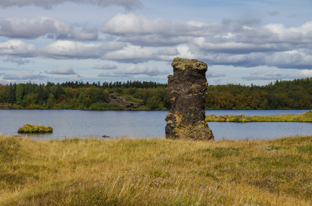 Lava rock formations at Hofdi, Lake Myvatn in northern Icelandの写真素材
