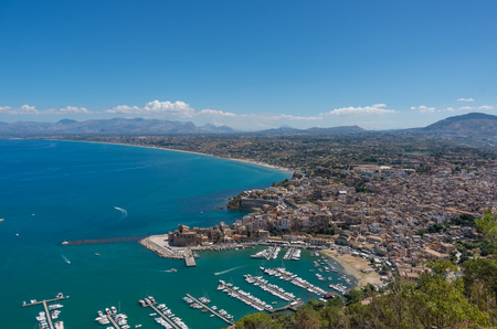 A view from above on the coastal town of Castellammare del Golfo in northern Sicily, Italyの写真素材
